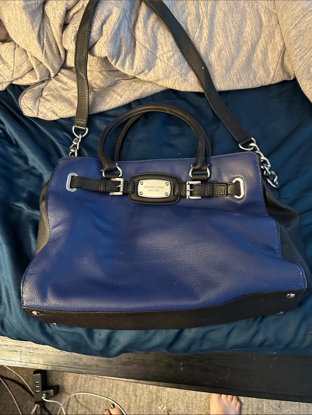 Michael Kors Blue and Black Pebbled Leather Shoulder Bag